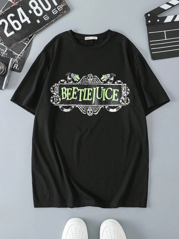 Beetlejuice X SHEIN Maglietta casual oversize da uomo con stampa di serpente e lettera, a spalle cadenti, estiva