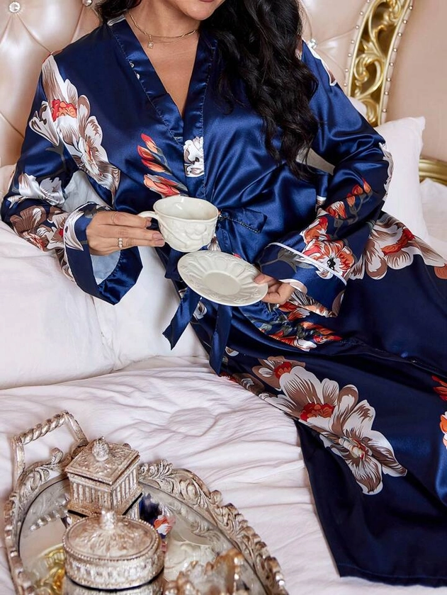 Shein LuxeNights Floral Print Belted Satin Sleep Robe