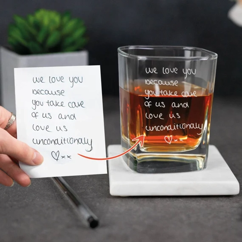 Personalised Square Whiskey Glass Custom Handwriting Engraved Any Message Glass , Upload Your Own Drawing , Gift for Him , Whiskey Glass