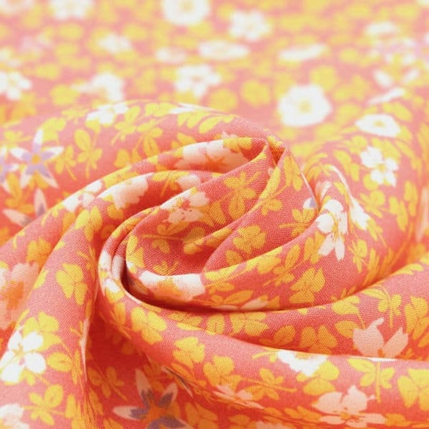 Popeline viscose fleurs automne - rose thé