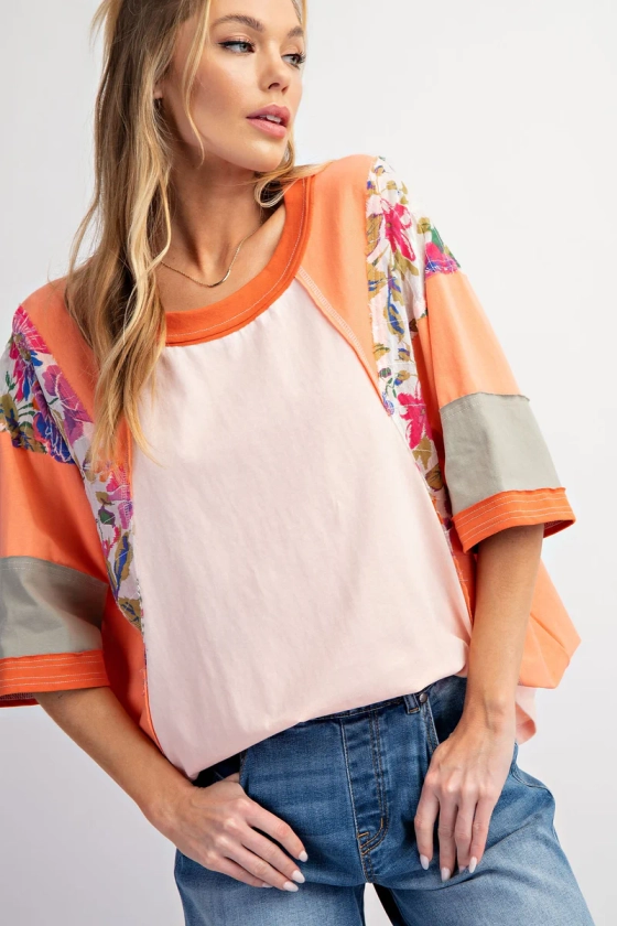 Easel Mixed Print Color Block Top in Coral Blush