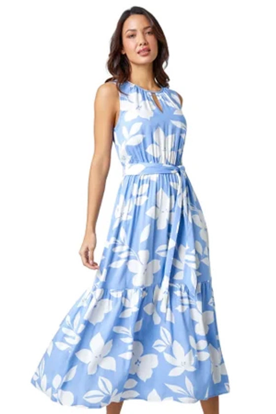 Roman Light Blue Sleeveless Floral Print Maxi Dress