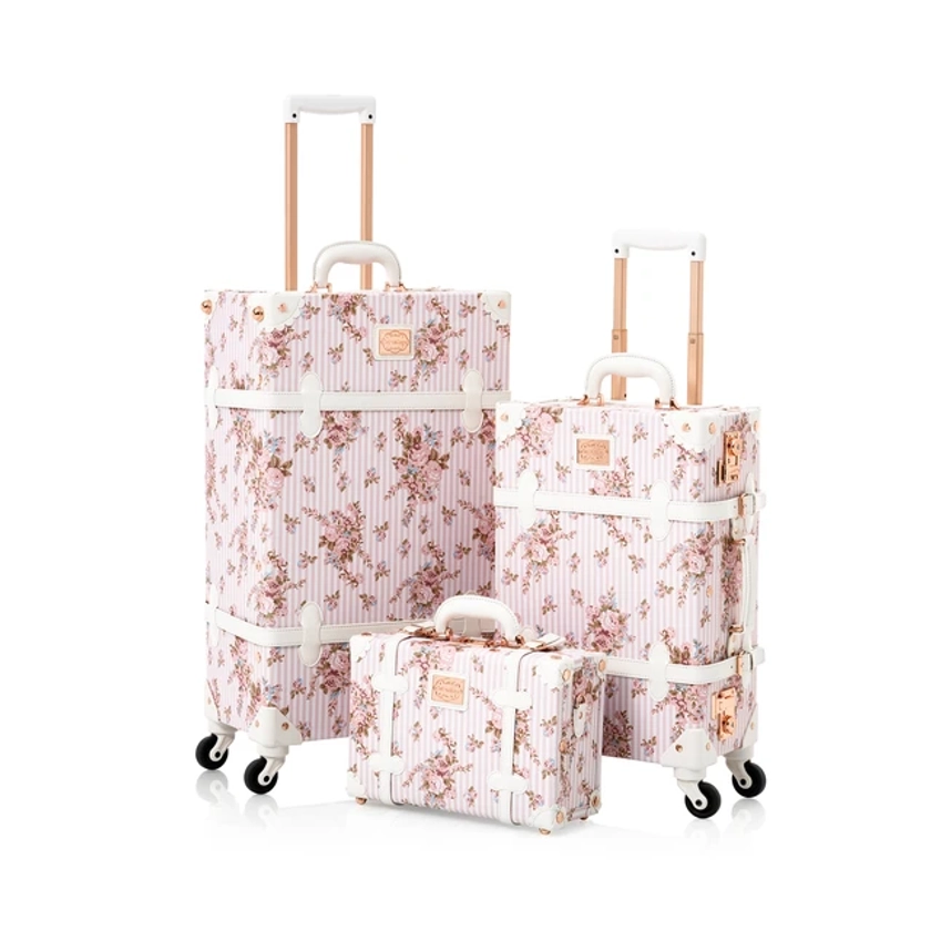COTRUNKAGE Vintage Luggage Set 3 Piece TSA Lock Floral Cute Girly Carry-on Suitcase for Women with Spinner Wheels, Pink floral - AliExpress 