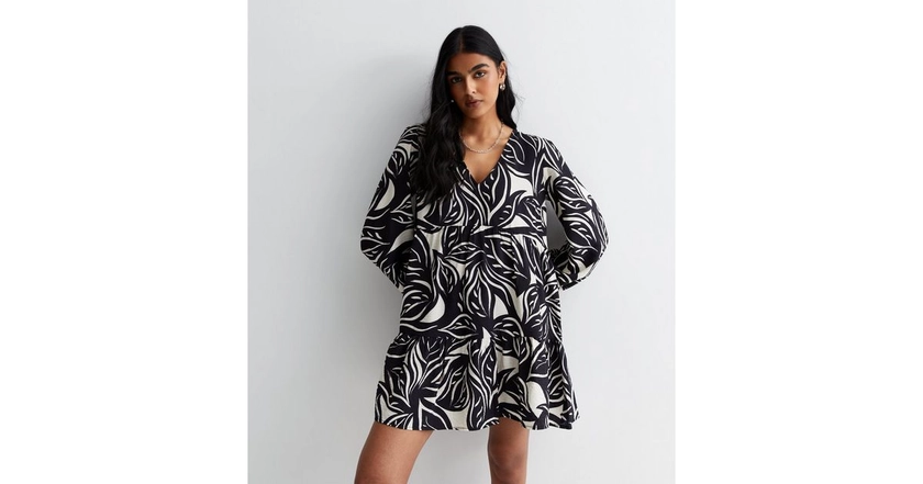 Black Leaf Print Long Sleeve Mini Smock Dress | New Look