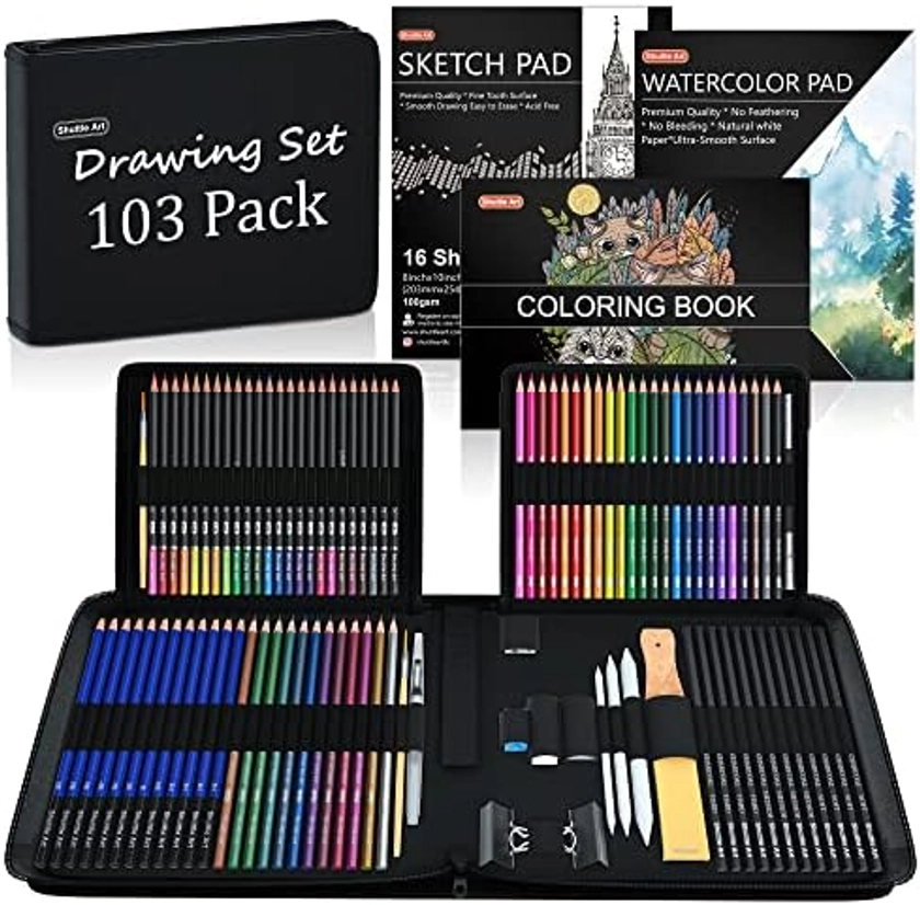 103 Pack Sketching and Drawing Pencils Set, Shuttle Art Sketch Pencil Set with Colouring Pencils, Sketch Books, Graphite Pencils in Sturdy Zipper Case, Art Supplies for Artists, Beginners, Adults