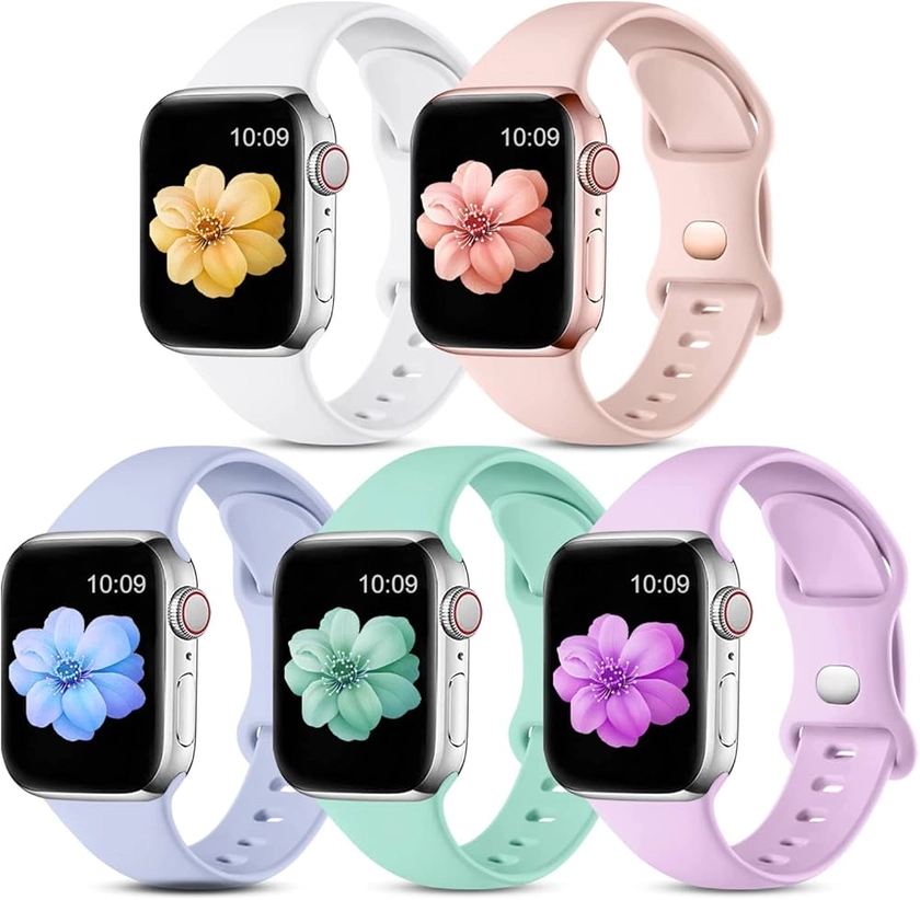 CeMiKa 5pack Bracelets Compatible avec Apple Watch Bracelet 41mm 38mm 40mm, Sangles Sport Silicone Souple pour iWatch Series 9 8 7 6 5 4 3 2 1 SE Ultra/Ultra 2, Hommes Femmes, Colour E (S/M)