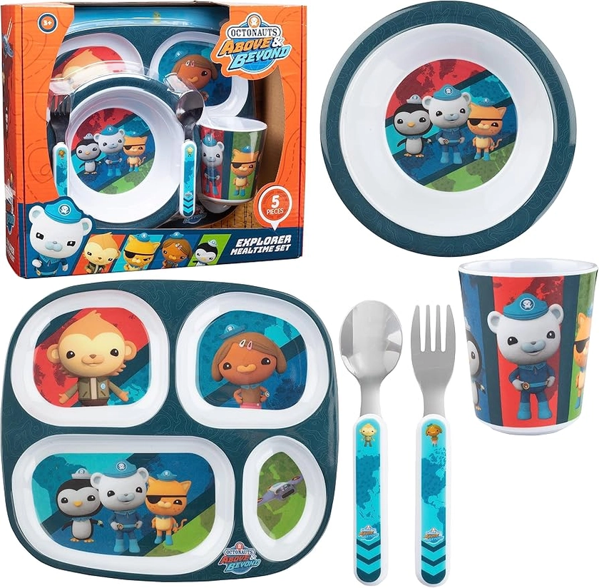 Octonauts 5 Pcs Mealtime Divided Plate Feeding Set for Kids & Toddlers-Explorer- Includes Multi-Compartment Plate, Bowl, Cup, Fork & Spoon Utensils-Durable, Dishwasher Safe, BPA Free