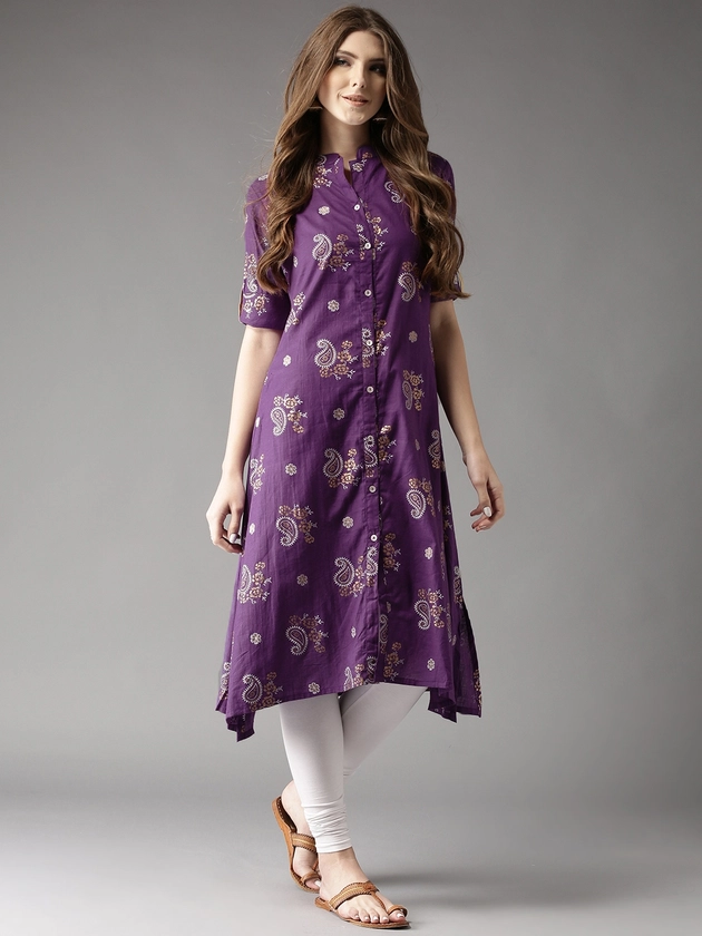 HERE&NOW Women Purple Printed A-Line Asymmetric Kurta