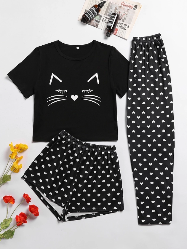 Ensemble de pyjama avec t-shirt à motif chat et short/pantalon à imprimé cœur