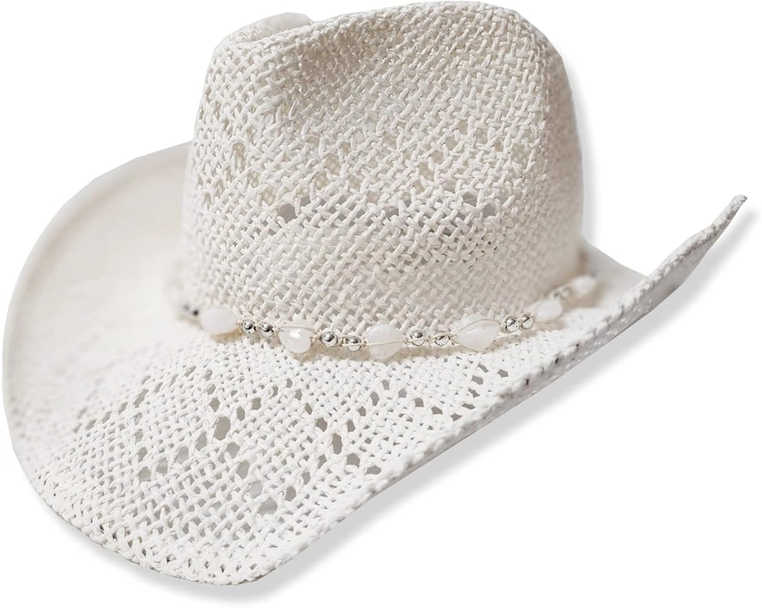 TOVOSO Western Cowgirl Hat, Straw Cowboy Hat for Women with Shapeable Brim, Beaded Hearts Trim, Shapeable Cowboy Hat