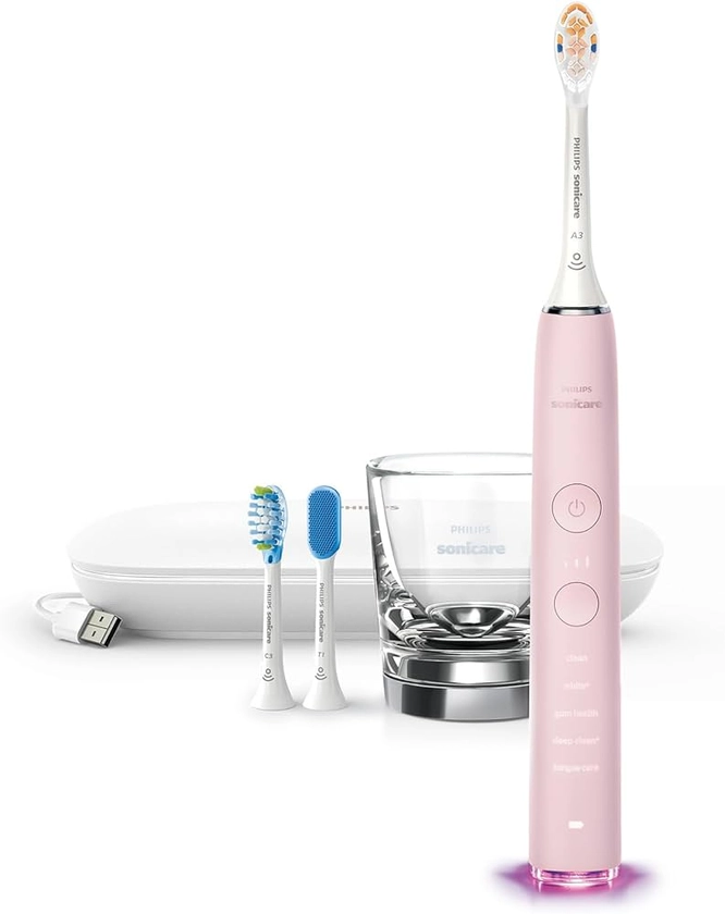Philips Sonicare DiamondClean Smart 9500 Electric Toothbrush, Sonic Toothbrush with App, Pressure Sensor, Brush Head Detection, 5 Brushing Modes and 3 Intensity Levels, Pink, Model HX9923/21