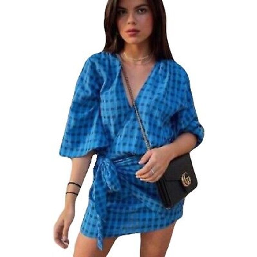 NWT Zara women's blue/navy checkered 100% cotton Carla wrap dress sz XXL | eBay