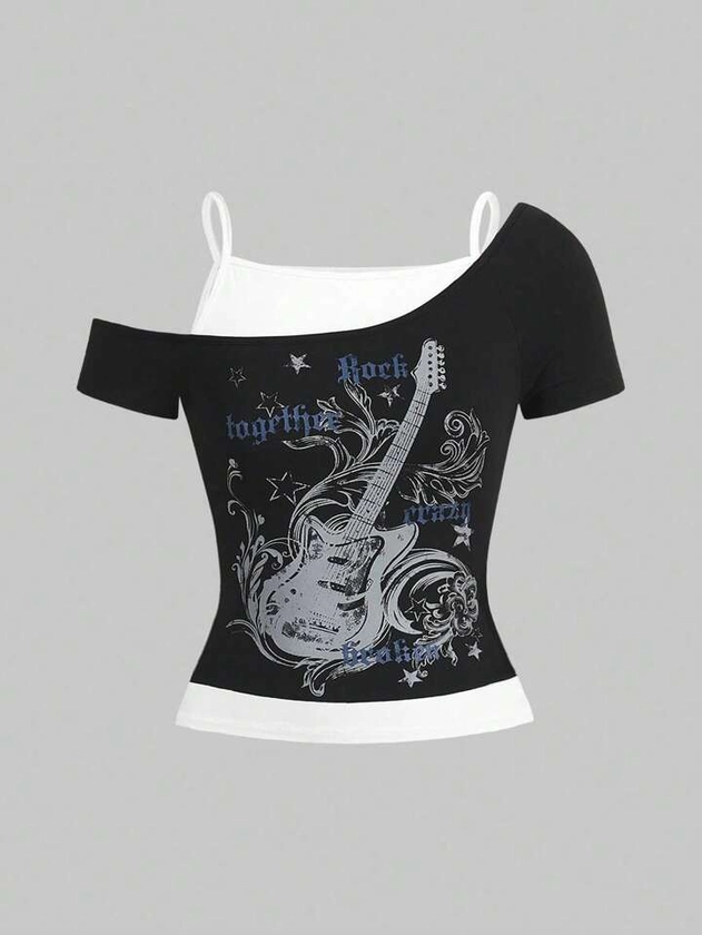 ROMWE Grunge Punk Guitar Print Rock Music Festival 2 In 1 Color Block T-Shirt