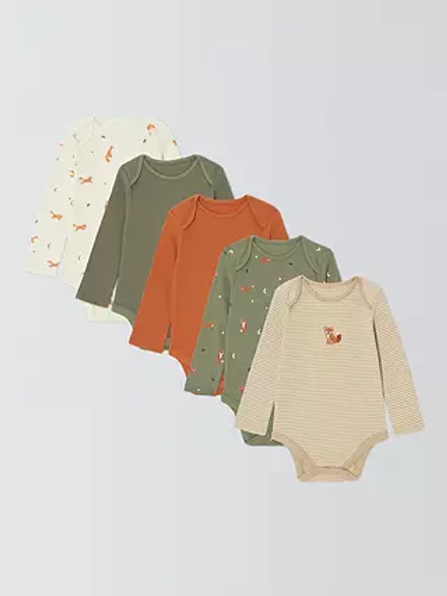 John Lewis Baby Fox Cotton Long Sleeve Bodysuits, Pack of 5, Multi