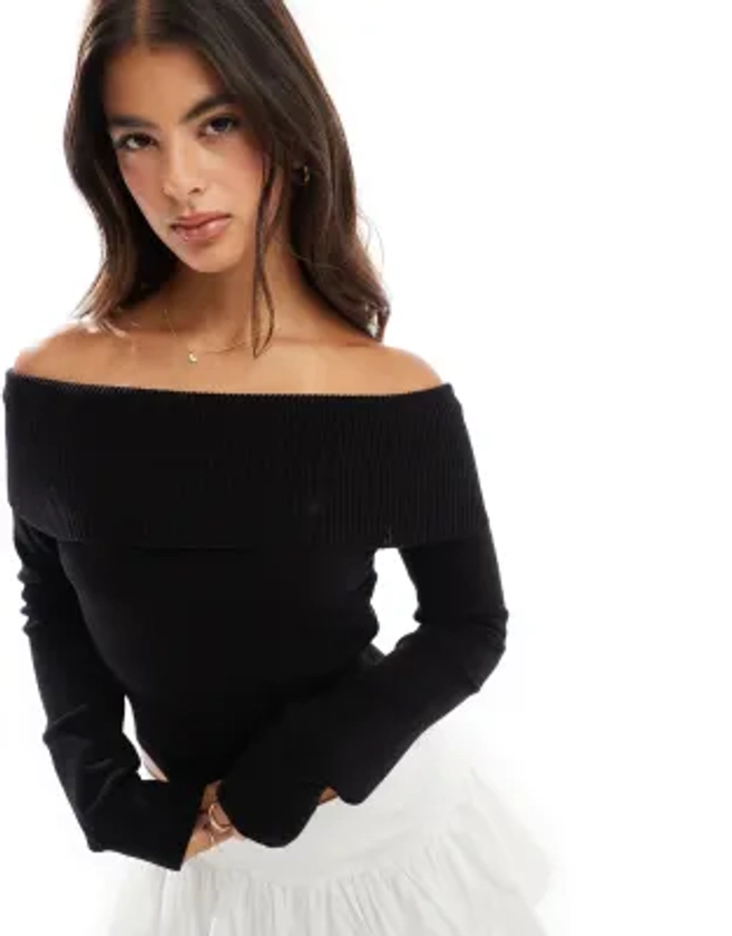 Bershka bardot knitted jumper in black