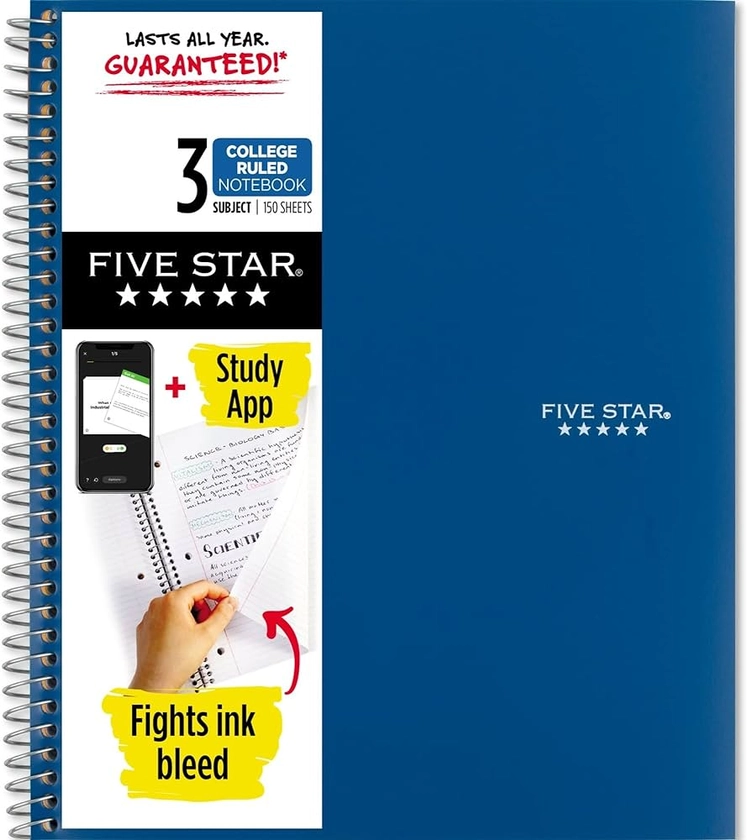 Five Star Spiral Notebook + Study App, 3 Subject, College Ruled Paper, Fights Ink Bleed, Water Resistant Cover, 8-1/2" x 11", 150 Sheets, Blue (73623)