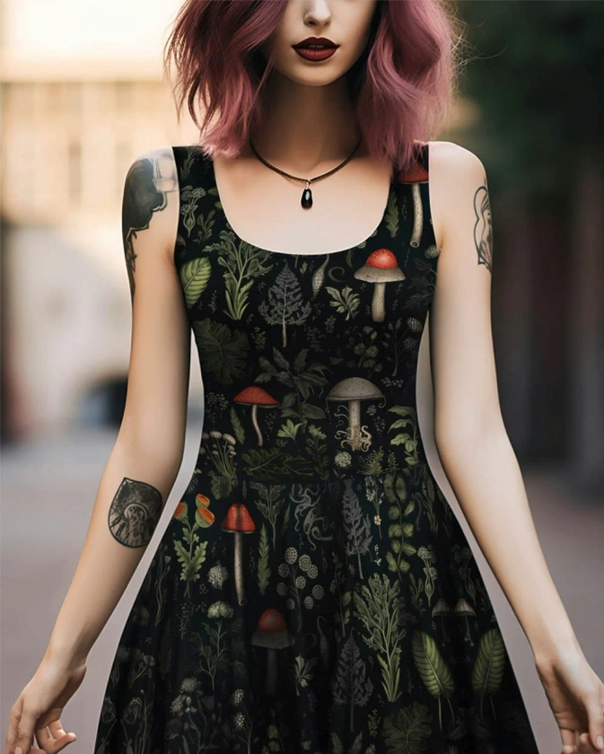 Foraging Skater Dress - Dark Academia Cute Botanical Vegan Dress, Witchy Pagan Occult Fashion, Christmas Goth Gifts