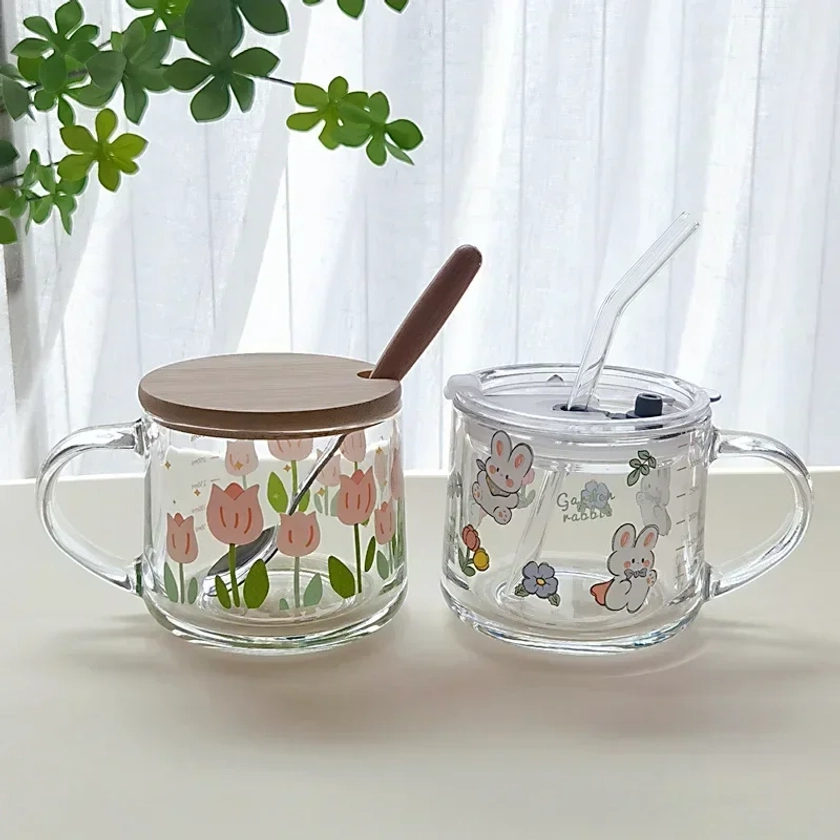 Glass Mug 350ml Cartoon Home Office Ins Coffee Cup with Straw Cup with Lid and Spoon High Temperature Roasted Flower Drink Cups