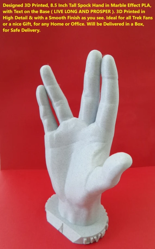 Sculpture, Vulcan Hand, 3D Printed in High Detail & with a Smooth Finish.