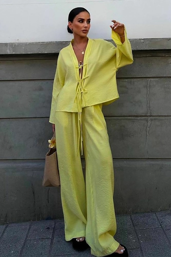 Front Tie Up Long Sleeve Top Solid Color Wide Leg Pants Matching Set-Yellow