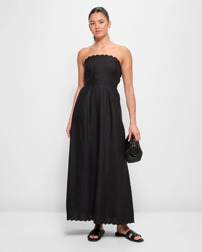 Linen Blend Scallop Hem Midi Dress - Black