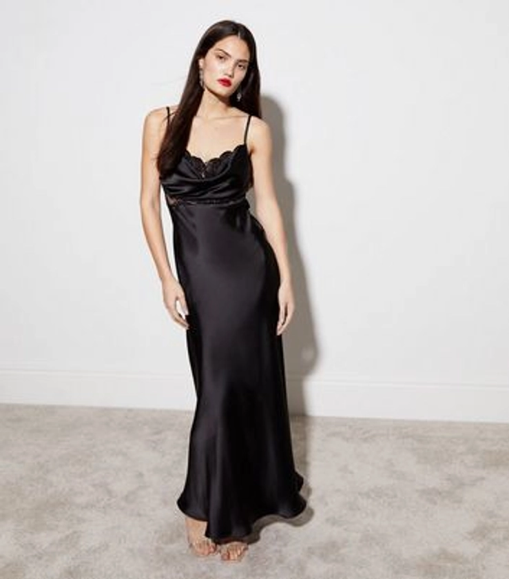 Black Satin Cowl Neck Lace Insert Maxi Dress