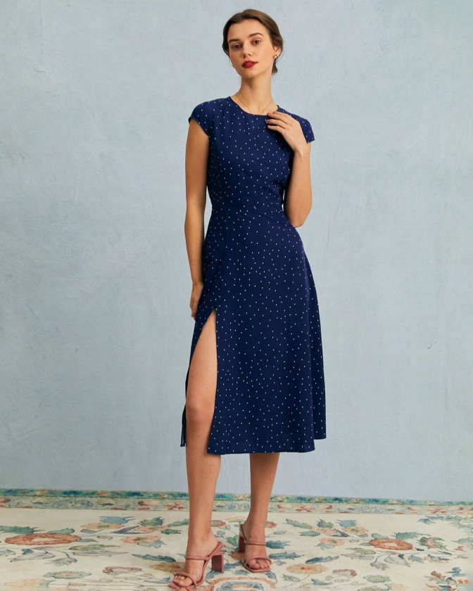 The Navy Round Neck Polka Dot Cutout Midi Dress