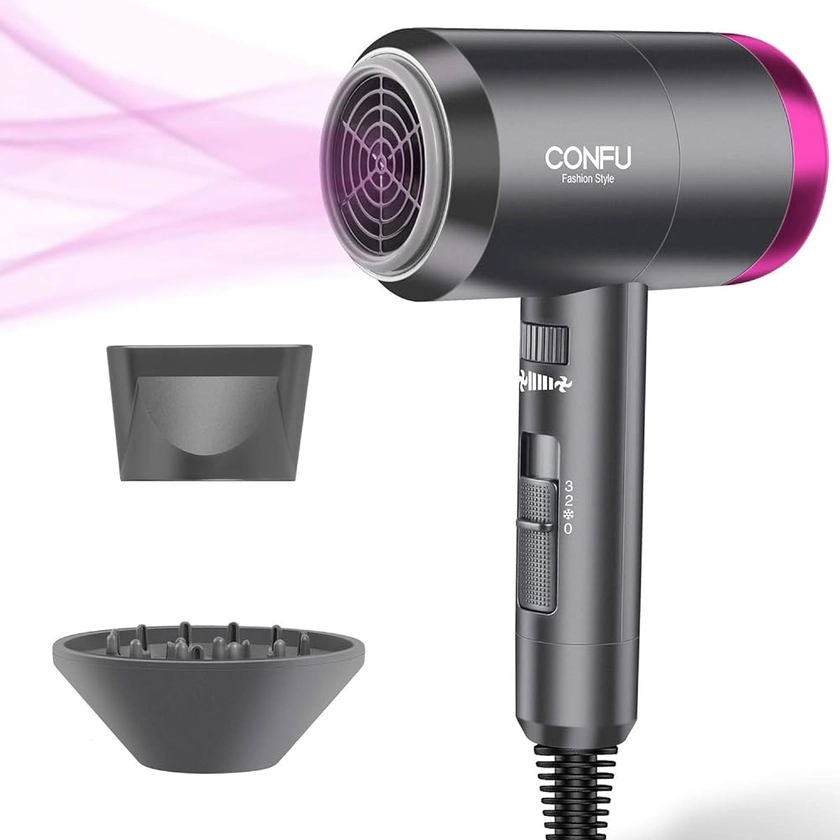 CONFU Ionic Blow Dryer 1600W, Portable Lightweight Fast Drying Negative Ion Hairdryer Blowdryer, 3 Heat Settings & Infinity Speed, with Diffuser and Concentrator Nozzle for Home & Travel