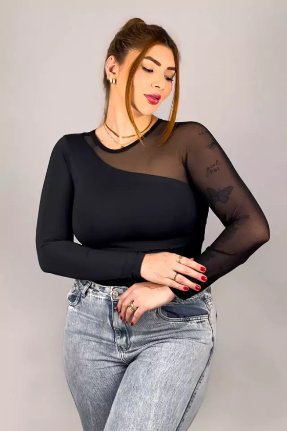 Blusa Manga Tule Belle Preto