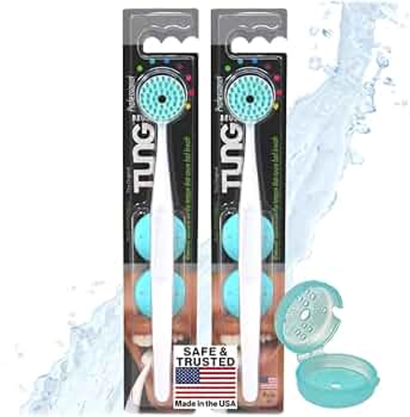 Tung Tongue Brush with Caps | Tongue Cleaner for Adults | Tongue Scraper | Tongue Scrubber | Bad Breath and Halitosis | Mouth Odor Eliminator | Made in America (2 Pack w/Cap)