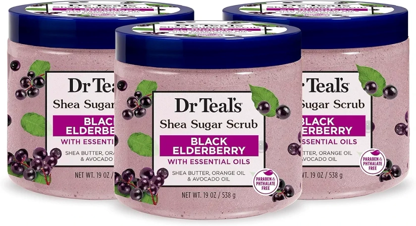 Dr Teal's Shea Sugar Body Scrub, Black Elderberry with Essential Oils, 19 oz (Pack of 3) (Packaging May Vary)