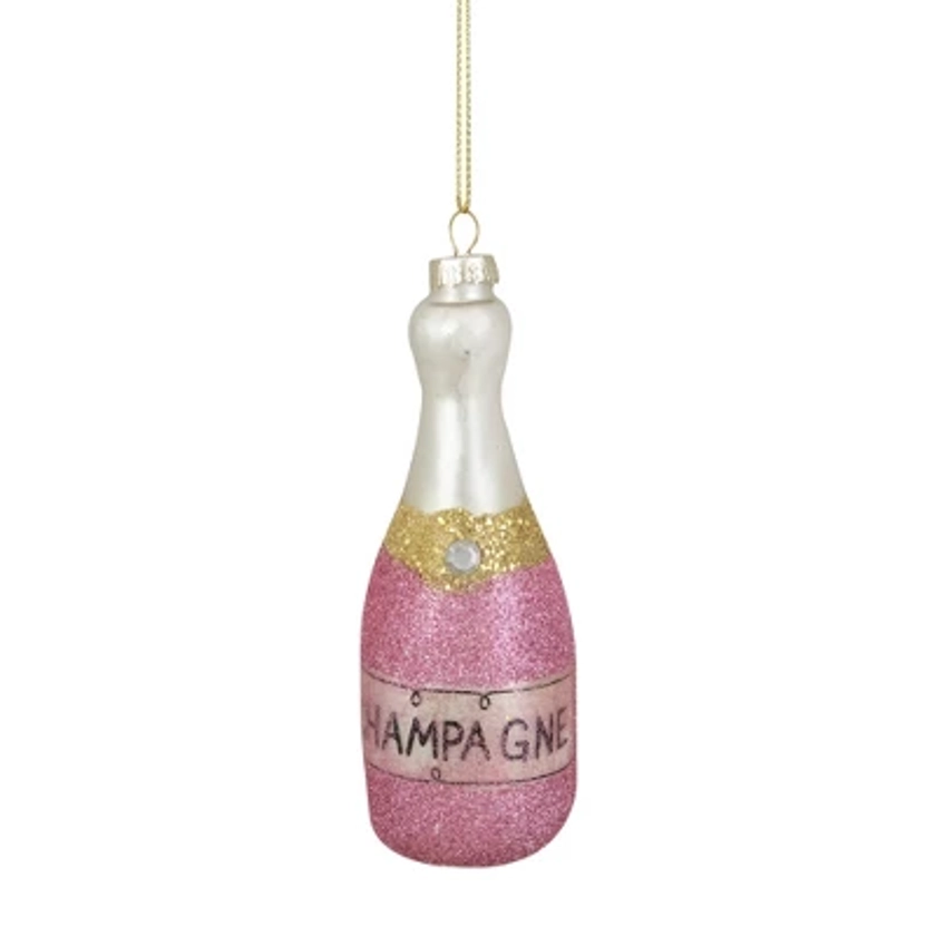 Northlight 5.25" Pink Glittered "CHEERS" Champagne Bottle Glass Christmas Ornament