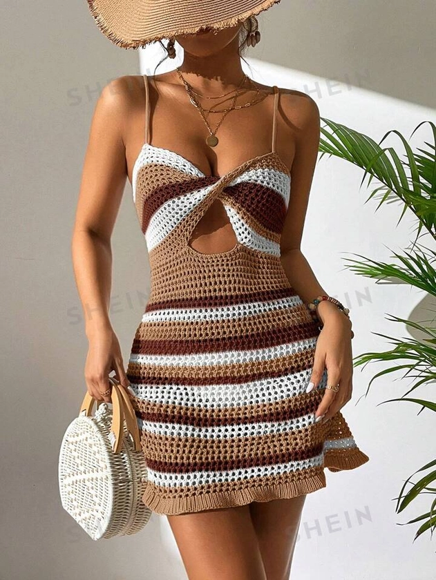 SHEIN Swim Summer Beach Casual Colorblock Knit Halter Cover Up Dress With Hollow Out Details