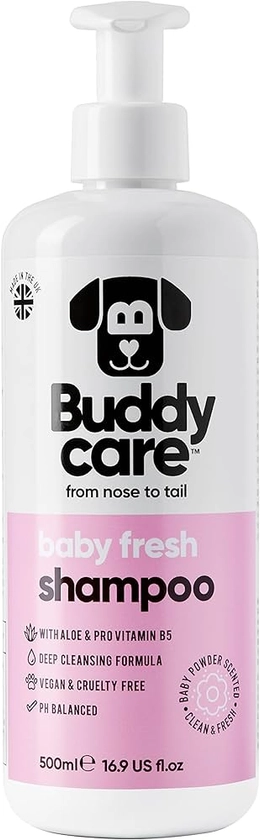 Buddycare Baby Fresh Dog Shampoo Shampoo for Smelly Dogs from 8 weeks | Baby Powder Scented Puppy Shampoo with Aloe Vera & Pro Vitamin B5 (500ml)