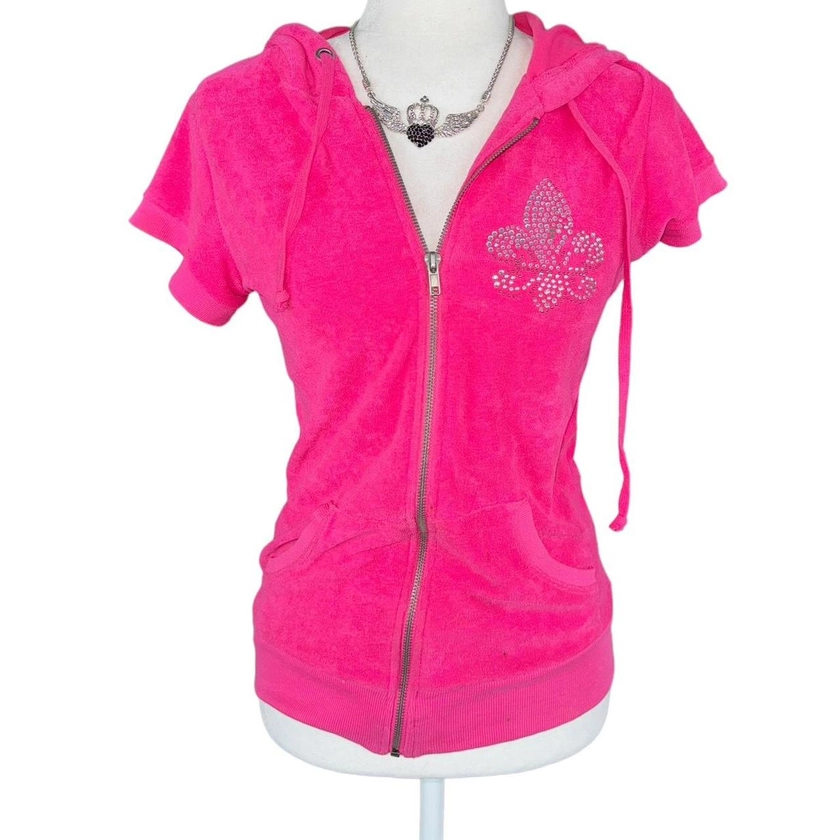 y2k short sleeve hoodie pink terry cloth bedazzled...