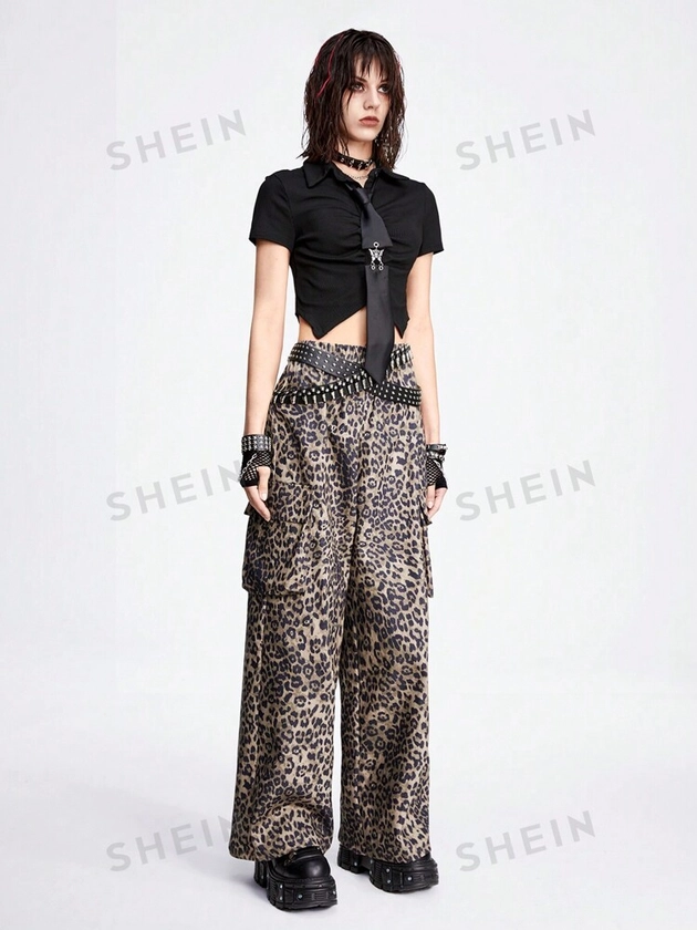 ROMWE Grunge Punk Street Style Loose Fit Wide Leg Leopard Printed Pants With Elastic Waist And Pockets For Women