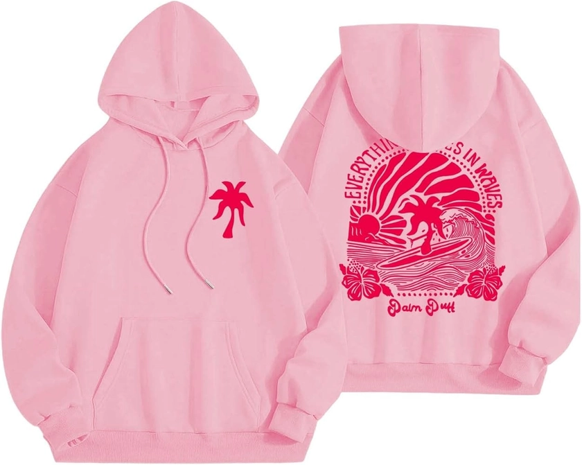 Pink Palm Puff Hoodies for Teen Girls Women Long Sleeve Letter Graphic Cute Sweatshirts Casual Preppy Fall Clothes with Pockets