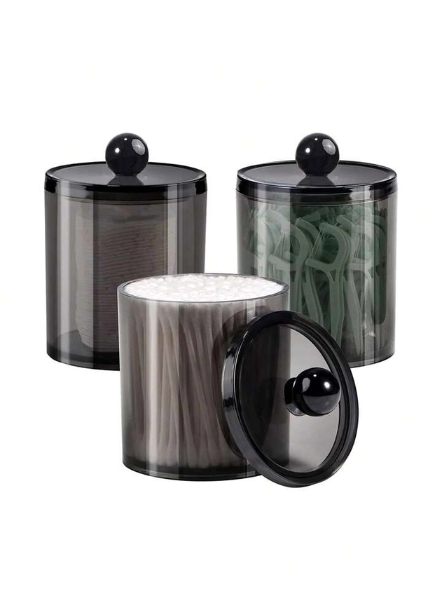 3pcs Q-Tip Dispenser With Holder, 10oz Black Plastic Jars Set For Bathroom Storage Organization, Toilet Makeup Organizer (For Swabs, Round Pads, Dental Floss)