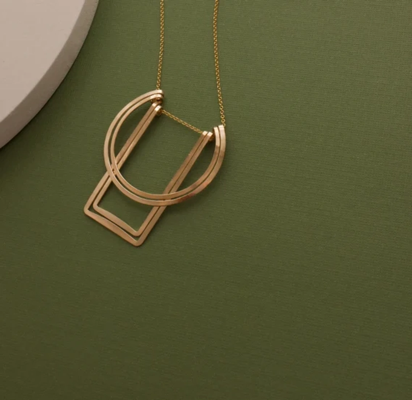 Gold Fill Geometric Art Deco Necklace, Statement Necklace, Sterling Silver, Minimalist Jewelry, Modern Pendant, Gift For Her, Gifts For Them
