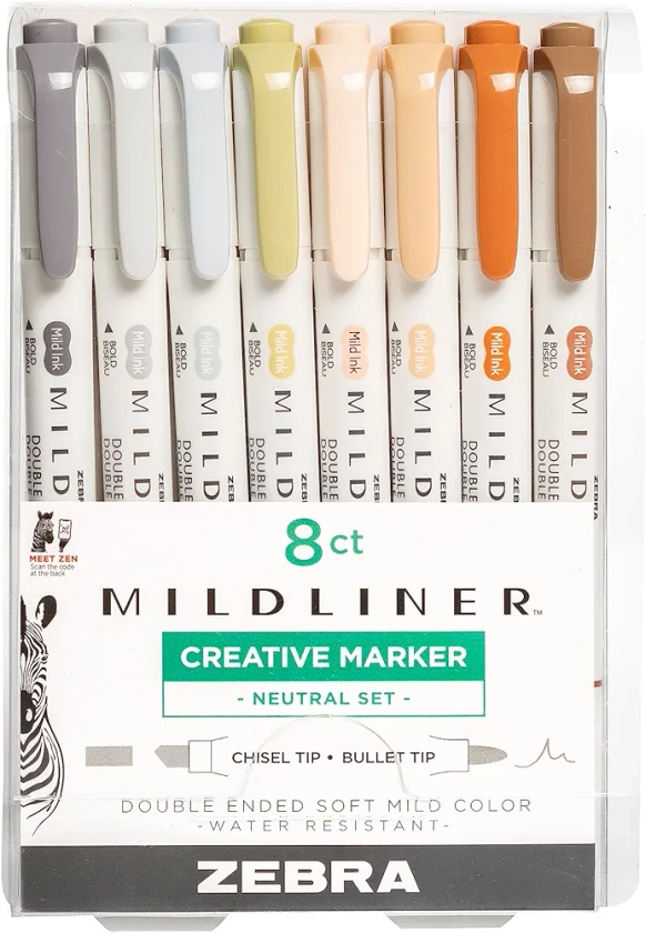 Zebra Pen Mildliner - marcador de doble extremo, puntas anchas y finas, colores surtidos de tinta neutra clásico, paquete de 8
