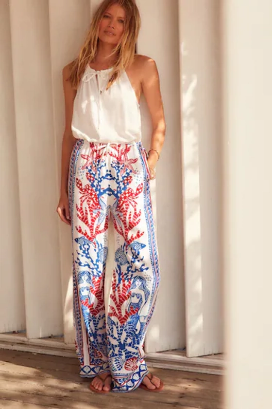 White/Blue/Red Tie Waist Wide Leg Trousers with Linen