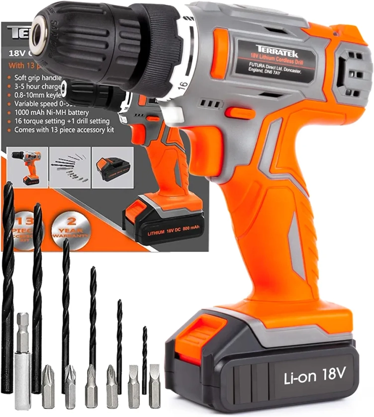 Terratek Cordless Drill Driver 18V Lithium-Ion, 13Pc Electric Screwdriver Set, LED Work Light, Electric Drill Quick Change Power Drill Battery and Charger Included