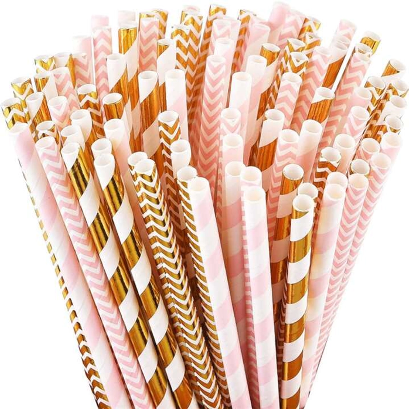 Paper Straws, 25pcs Pink Striped Straws, Gold Striped Straws, Juice, Cocktail, Smoothies, Drinking Straws for Party Supplies, Birthday, Wedding, Bridal/Baby Shower, Christmas Decorations and Thanksgiving Holiday Celebrations