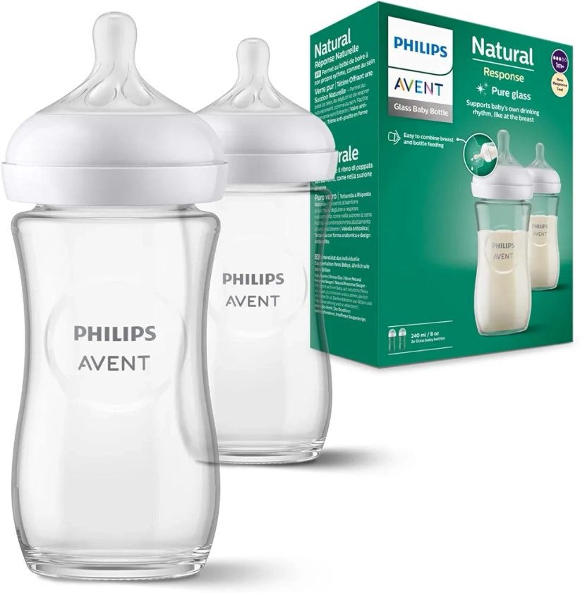 Philips Avent Lot de 2 biberons en verre à Réponse Naturelle – biberon de 240 ml, sans BPA pour les bébés de 1 mois et + (modèle SCY933/02)