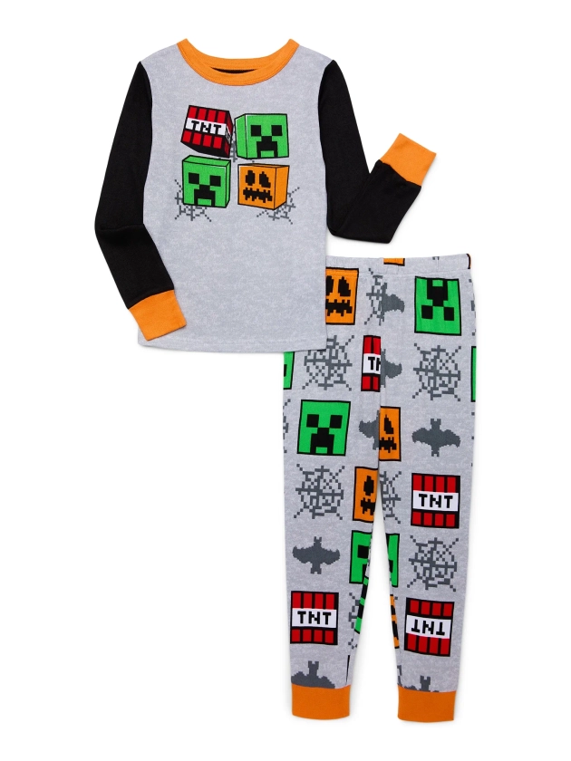 Minecraft Boys Halloween Glow in the Dark Long Sleeve and Pant 2-Piece Pajama Set, Sizes 4-10