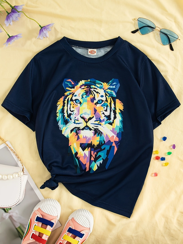 Stylish Tiger Graphic Short Sleeve T-shirt, Girl's Casual Crew Neck Tees For Summer Outdoor Gift