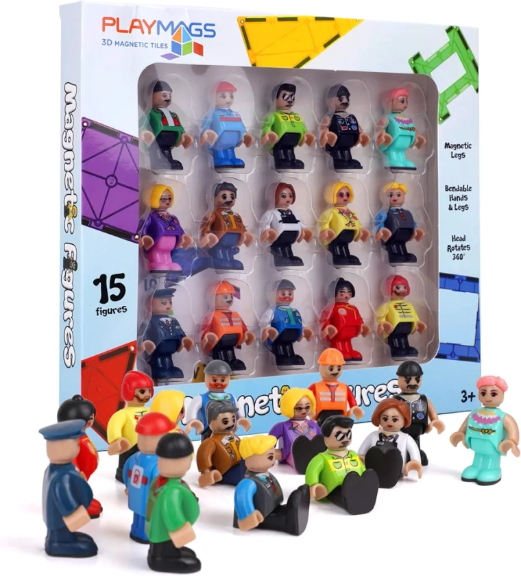 Playmags Figurines magnétiques - Figurines communautaires - Ensemble de 15 pièces - Figurines magnétiques de 2 Pouces - Jeu de tuiles magnétiques - Jouets STEM pour Enfants - Pack d'extension de