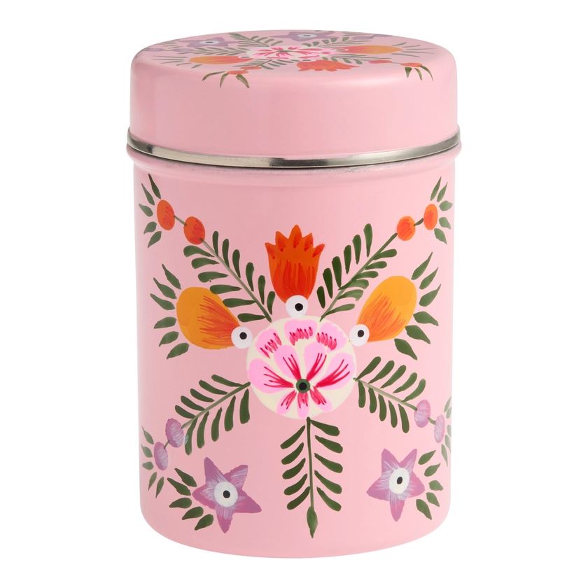 Medium Pink Hand Painted Metal Floral Storage Canister - World Market