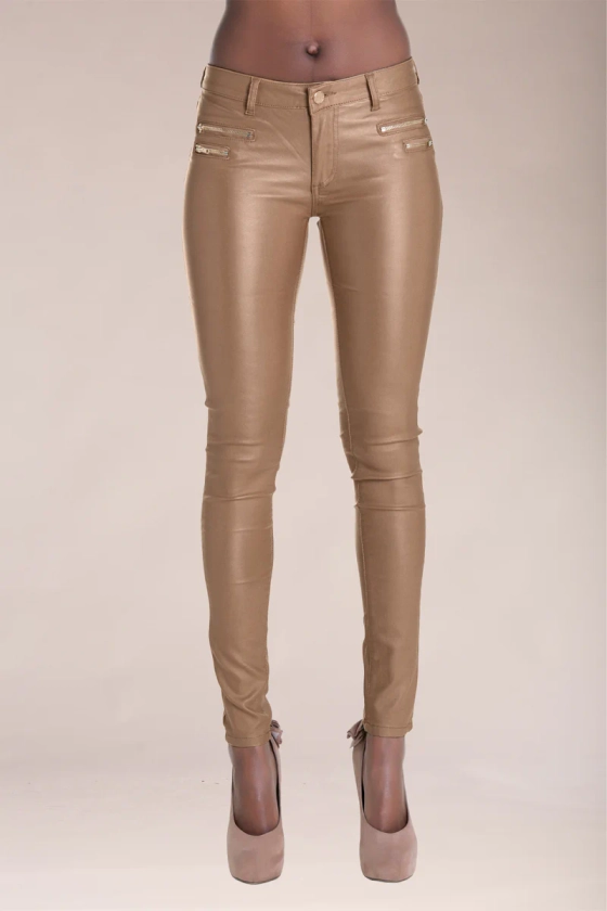 Camel Leather Look Trousers With 4 Zips