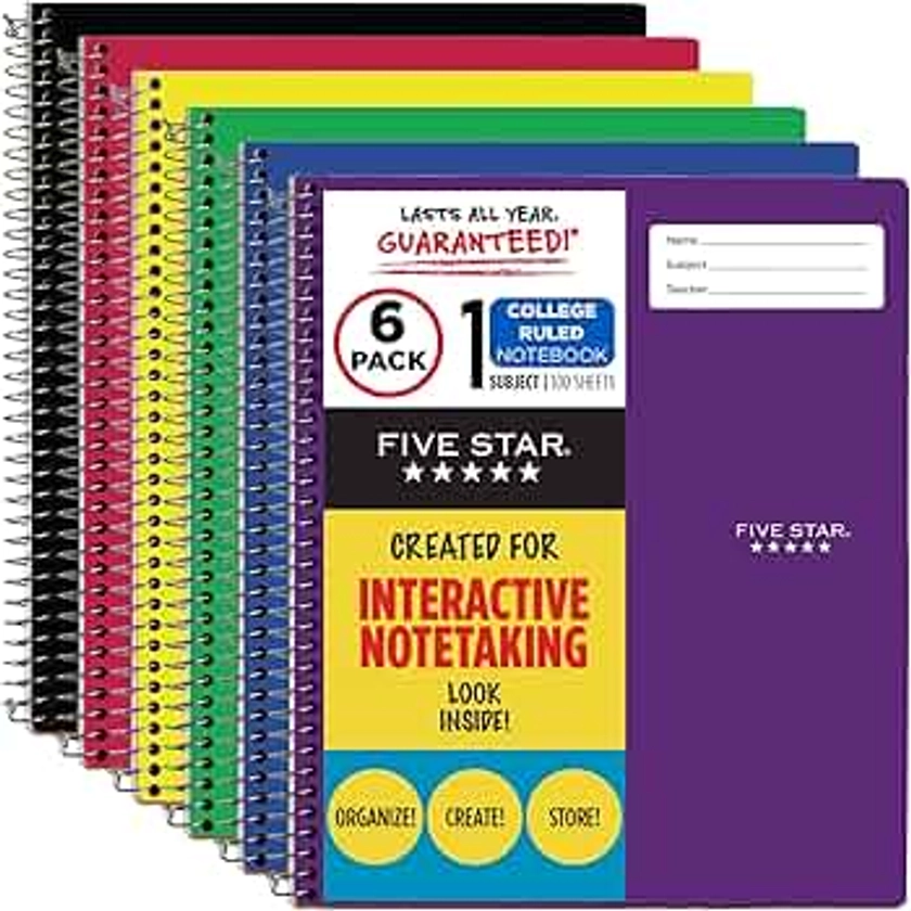 Five Star Interactive Notetaking, 1 Subject, College Ruled Spiral Notebooks, 100 Sheets, 11" x 8-1/2", 6 Pack (38585)